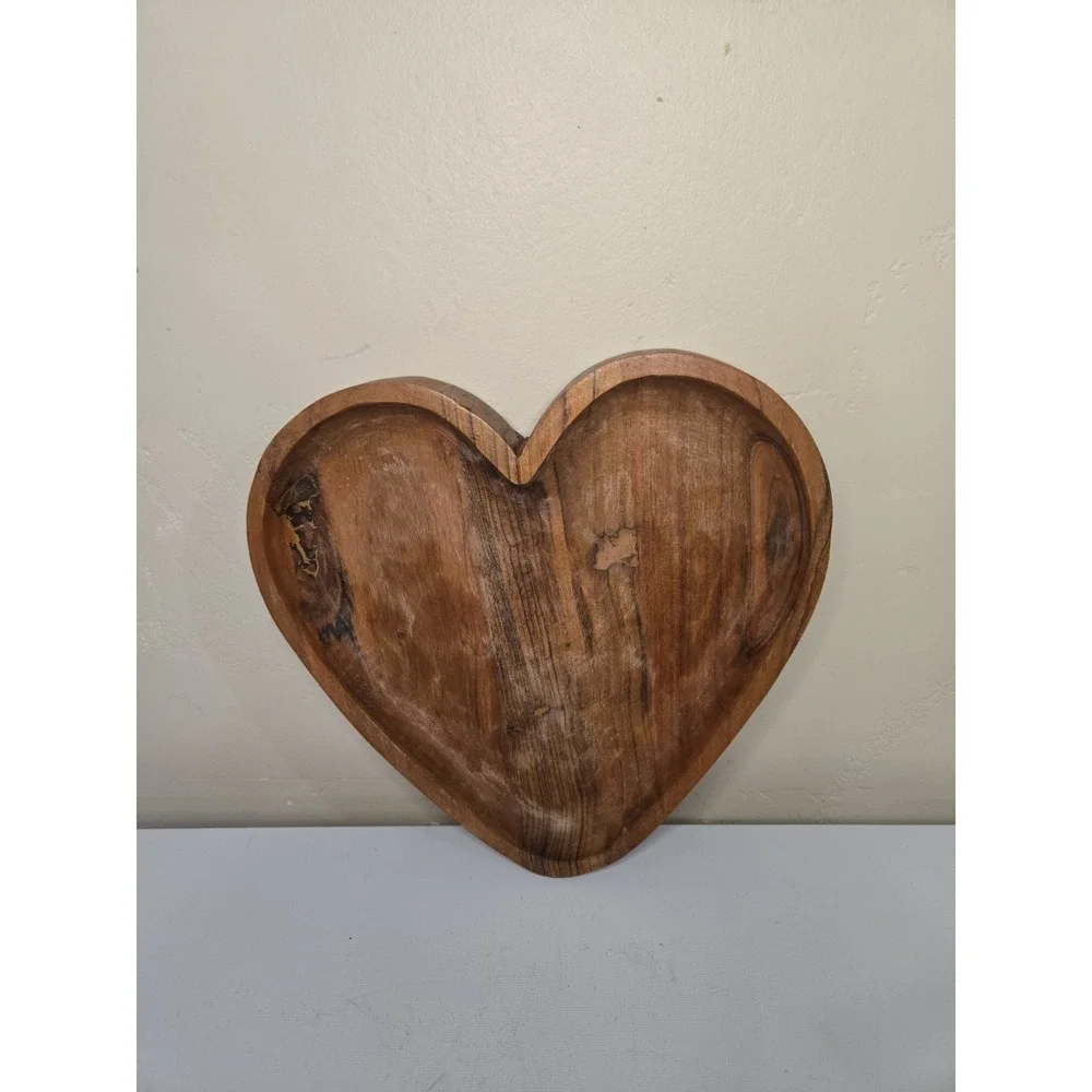 Vintage Decorative Hand-Carved Wood Heart Bowl - Rustic Country Farmhouse Decor